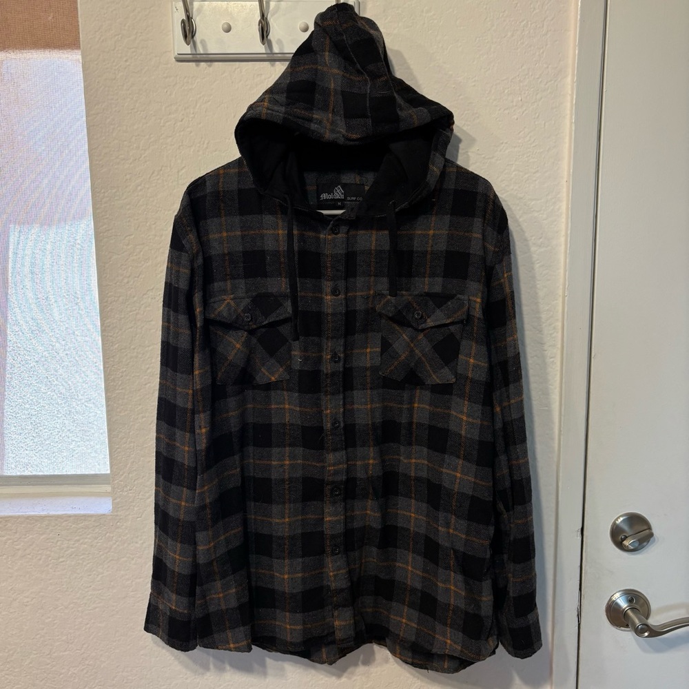 Molokai Surf Co Hoodie Flannel Medium Gray Black Grunge Dogtown Button Up Y2k